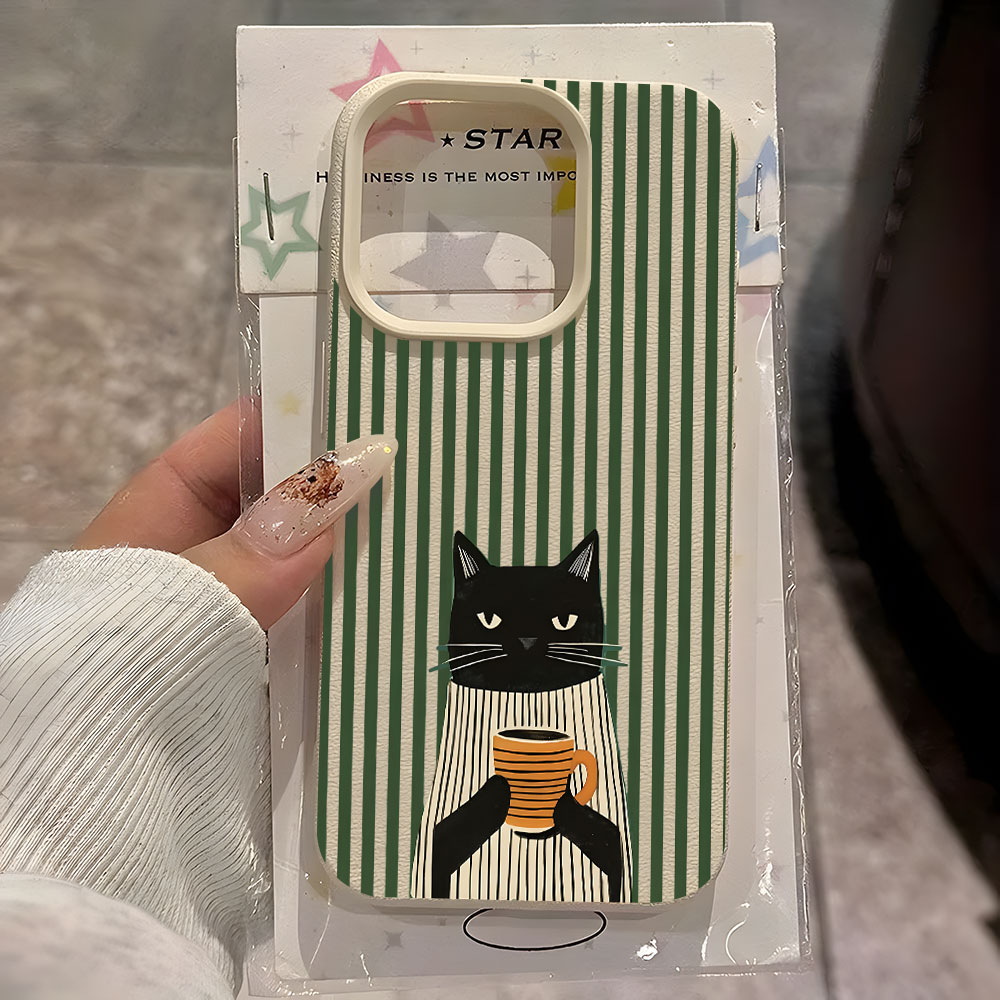 Phone Cases Quirky - Funny Coffee Cat Pattern Lychee Soft